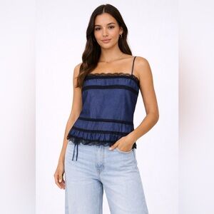 Revolve Gold Hawk Spring BoHo Navy Lace Trim Camisole Small Cotton Blend NWOT